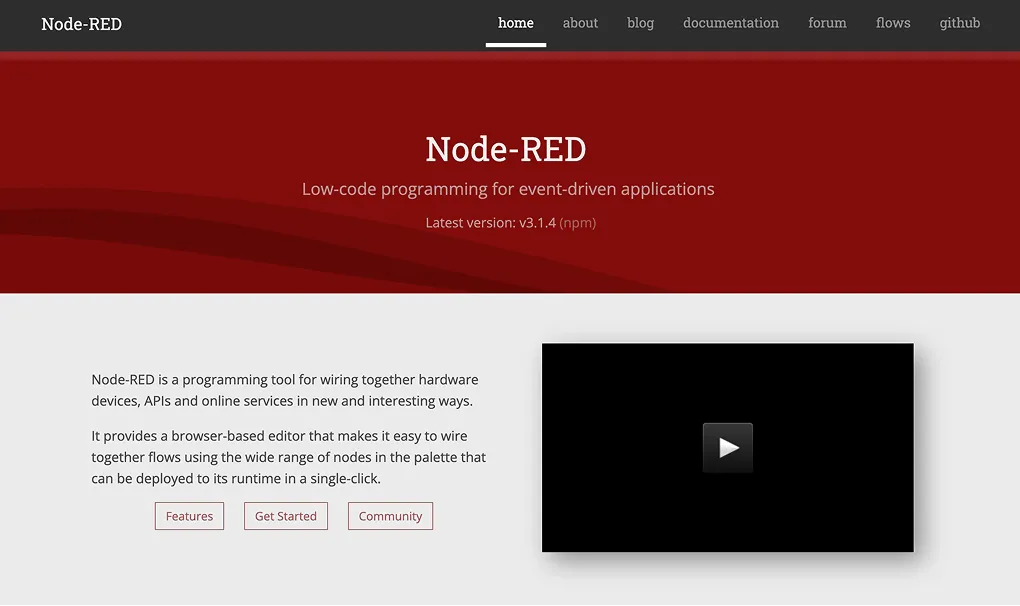 Node-RED homepage with the red color scheme inherited by the original FlowForge brand.