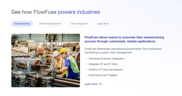 Redesigned section explaining how FlowFuse powers different industries.