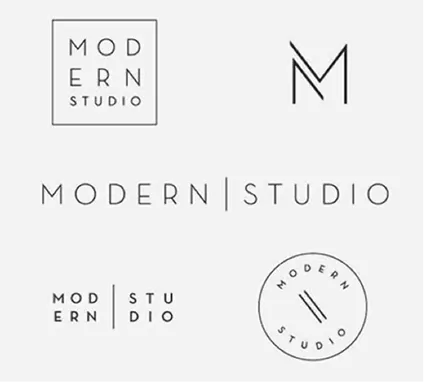 Minimal black-and-white Modern Studio wordmarks, monograms and circular logo compositions.