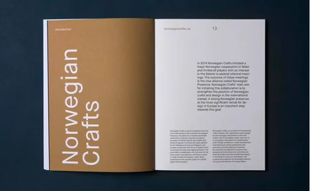 Norwegian Crafts editorial spread with oversized white typography on ochre and navy.