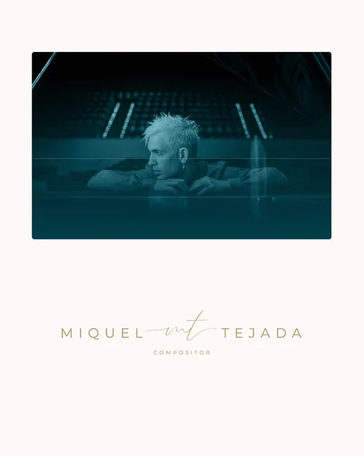 Miquel Tejada’s website with a teal-tinted portrait at a piano and a gold wordmark.